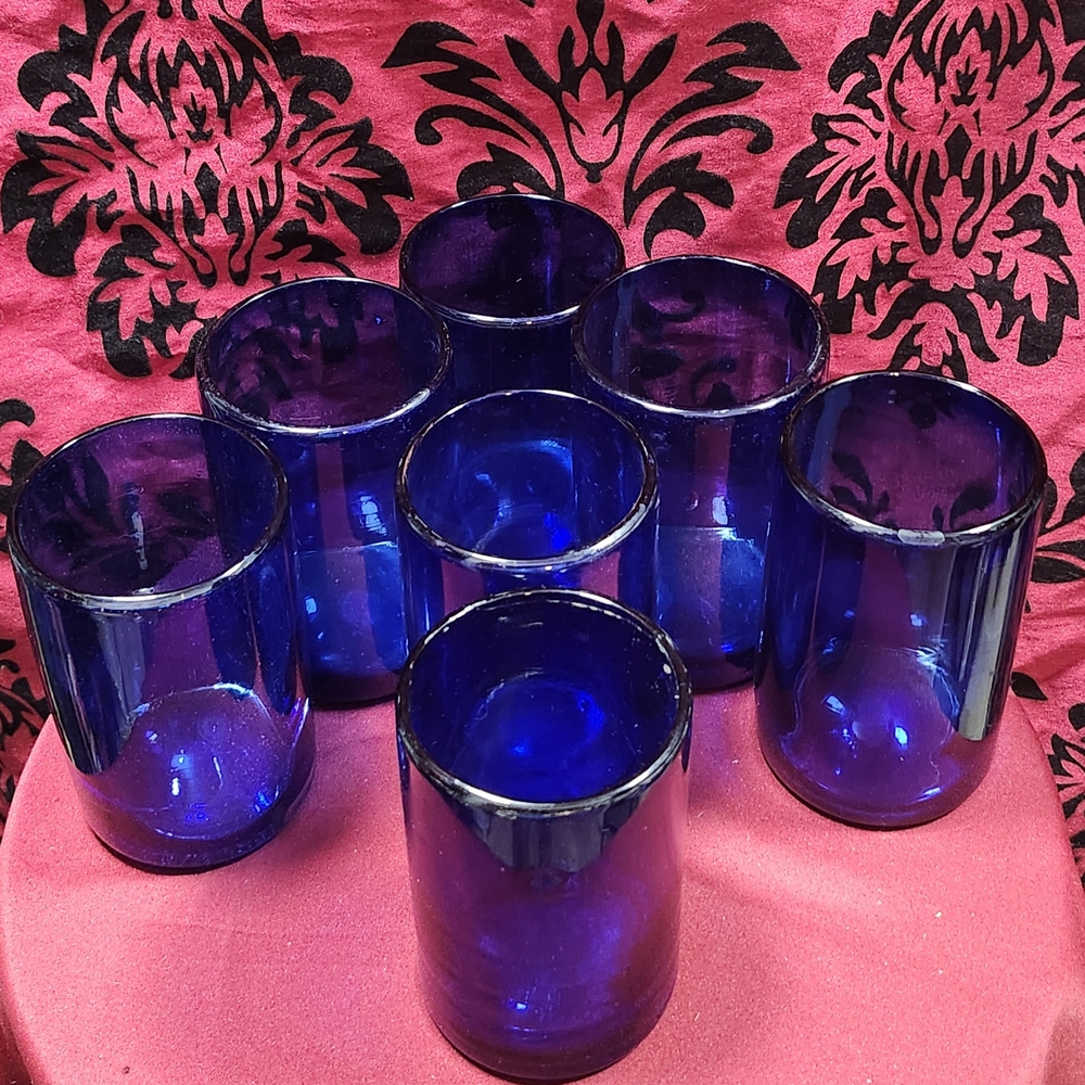 Hand Blown Mexican Drinking Glasses – Set of 7 Cobalt TuDeep Blue Glass Vase Set